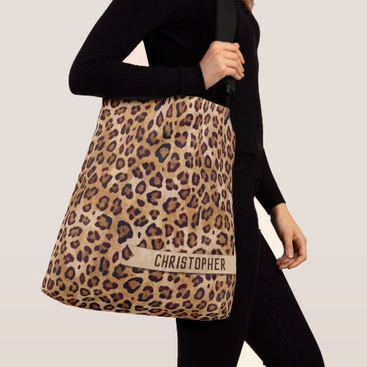 Rustic Texture Leopard Print Naam toevoegen Crossbody Tas (Dichtbij)