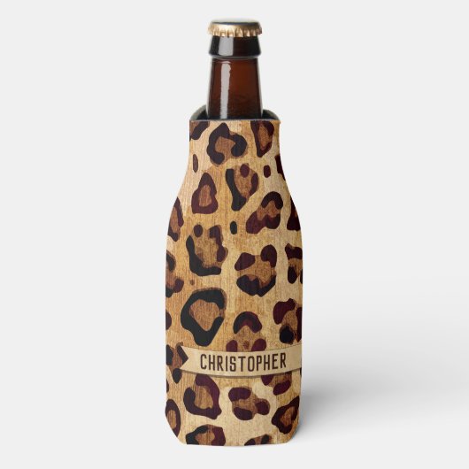 Rustic Texture Leopard Print Naam toevoegen Flesjeskoeler (Fles Voorkant)