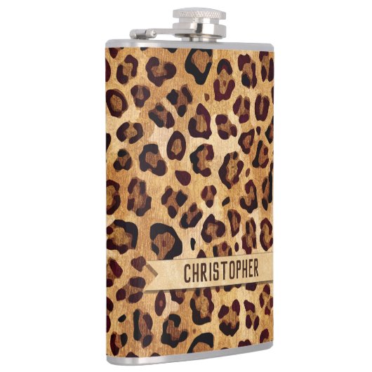 Rustic Texture Leopard Print Naam toevoegen Heupfles (Rechts)