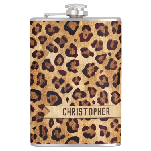 Rustic Texture Leopard Print Naam toevoegen Heupfles (Voorkant)