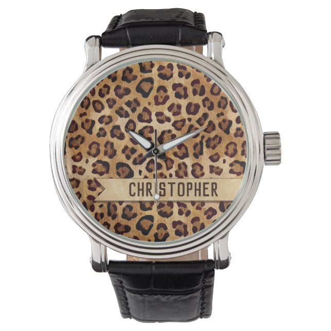 Rustic Texture Leopard Print Naam toevoegen Horloge (Voorkant)