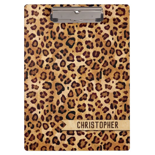 Rustic Texture Leopard Print Naam toevoegen Klembord (Voorkant)