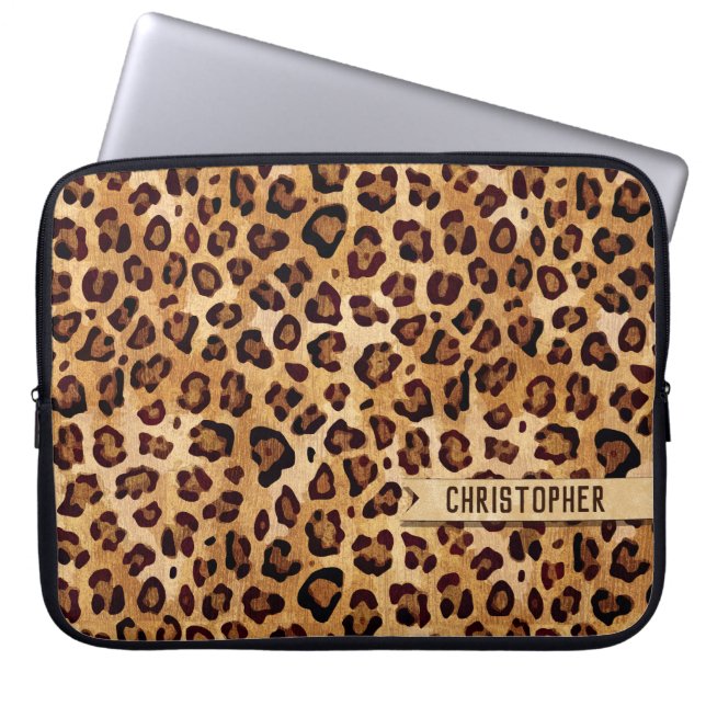 Rustic Texture Leopard Print Naam toevoegen Laptop Sleeve (Voorkant)