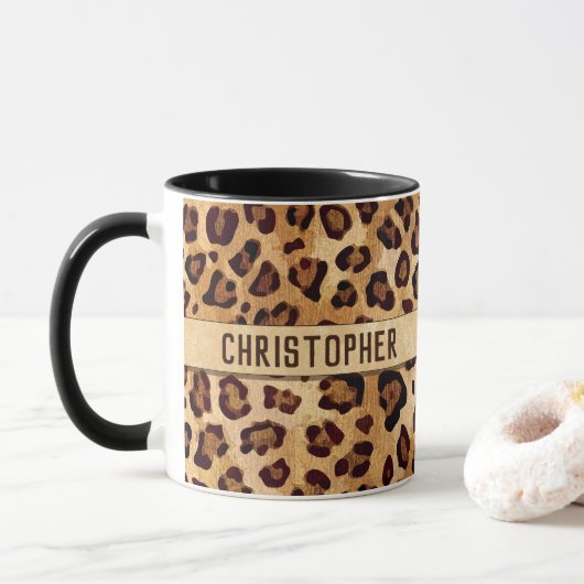 Rustic Texture Leopard Print Naam toevoegen Mok (Met donut)