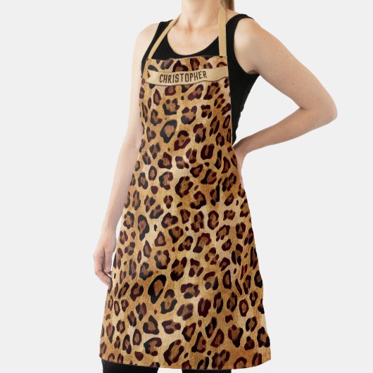Rustic Texture Leopard Print Naam toevoegen Schort (Insitu)