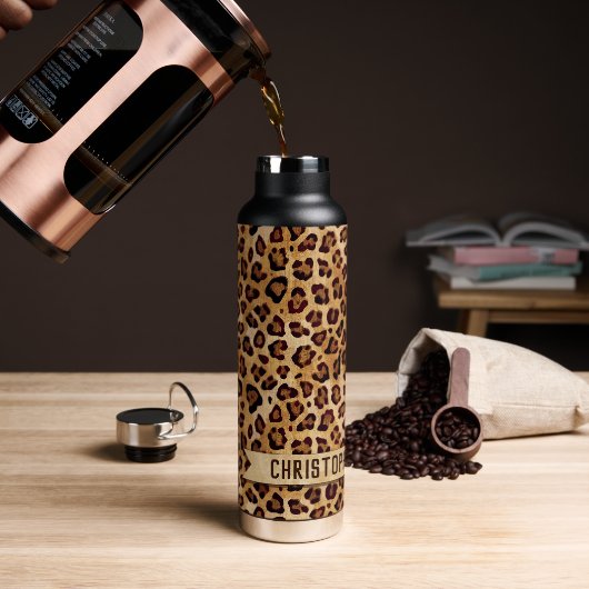 Rustic Texture Leopard Print Naam toevoegen Waterfles (Koffie)