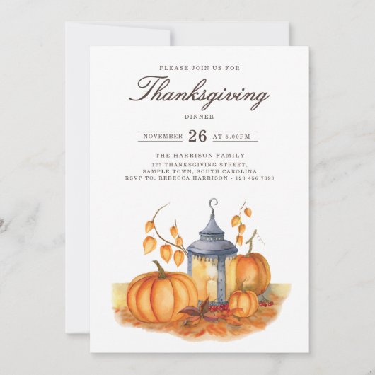 Rustic Thanksgiving Dinner Pumpkin Invitation Kaart (Voorkant)