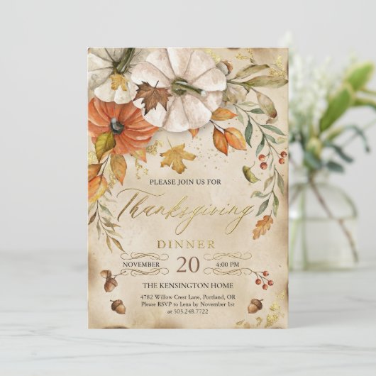 Rustic Thanksgiving Dinner Pumpkin Invitation Kaart (Staand voorkant)