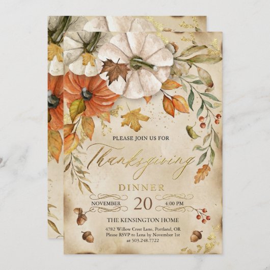 Rustic Thanksgiving Dinner Pumpkin Invitation Kaart (Voorkant / Achterkant)