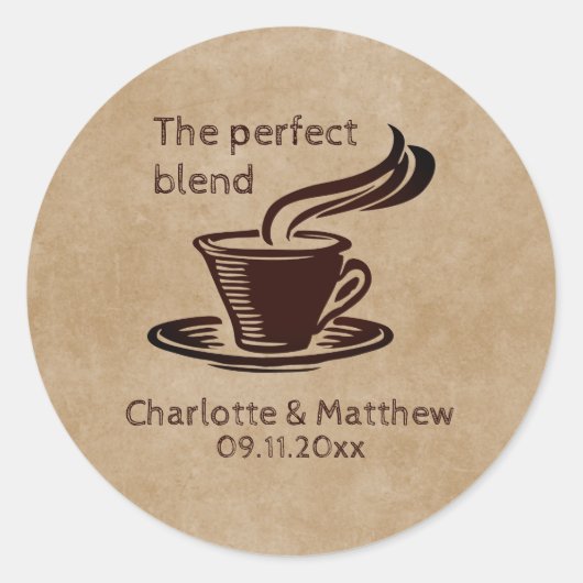 Rustic The Perfect Blend Cup of Coffee Wedding  Ronde Sticker (Voorkant)