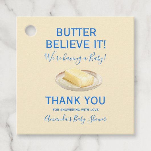 Rustic Theme Butter Yellow Blue Baby Shower Bedankjes Labels (Voorkant)