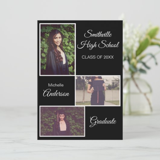 Rustic Three Photo Afstuderen Black Aankondiging (Staand voorkant)