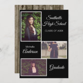 Rustic Three Photo Afstuderen Black Aankondiging (Voorkant / Achterkant)