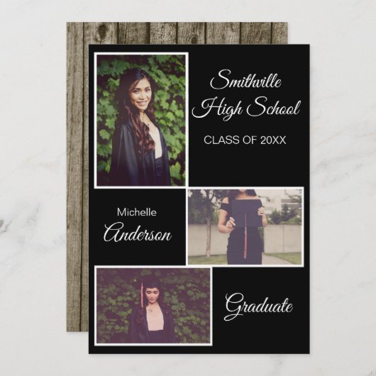 Rustic Three Photo Afstuderen Black Aankondiging (Voorkant / Achterkant)