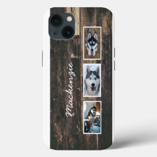 Rustic Three Photo Wood Collage Name Hoesje-Mate i iPhone 13 Hoesje