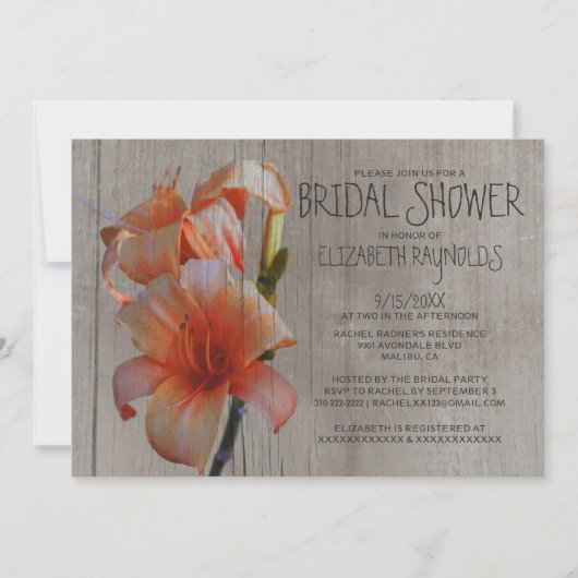 Rustic Tiger Lilies Bridal Shower Invitations Kaart (Voorkant)