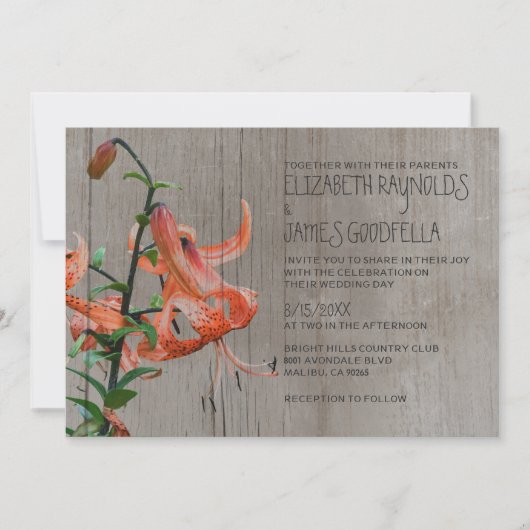 Rustic Tiger Lily Wedding Invitations Kaart (Voorkant)