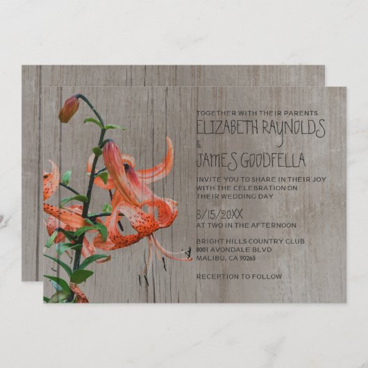 Rustic Tiger Lily Wedding Invitations Kaart (Voorkant / Achterkant)
