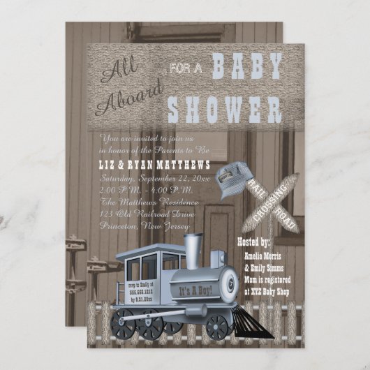Rustic Train Railroad Crossing Baby shower Invitat Kaart (Voorkant / Achterkant)