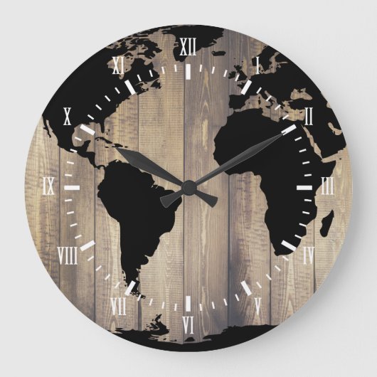Rustic Traveler Black Wereldkaart Wooden Planks Grote Klok (Voorkant)