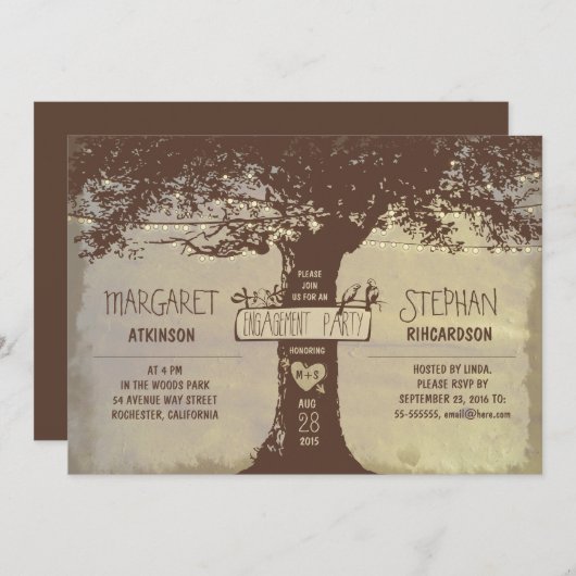 Rustic Tree en String Lights Engagement Party Kaart (Voorkant / Achterkant)