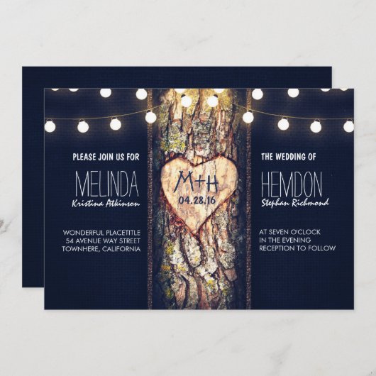 Rustic Tree Heart en String Lights bruiloft Uitnod Kaart (Voorkant / Achterkant)