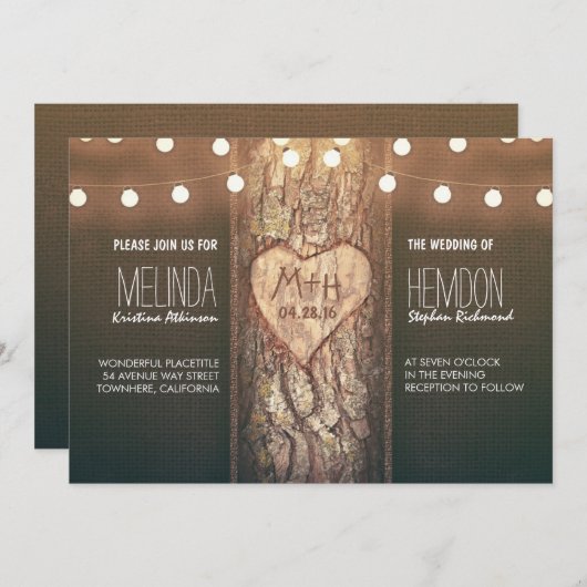 Rustic Tree Heart en String Lights bruiloft Uitnod Kaart (Voorkant / Achterkant)