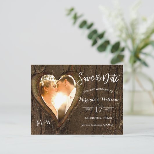 Rustic Tree Heart Photo Save the Date Wedding Post Briefkaart (Staand voorkant)