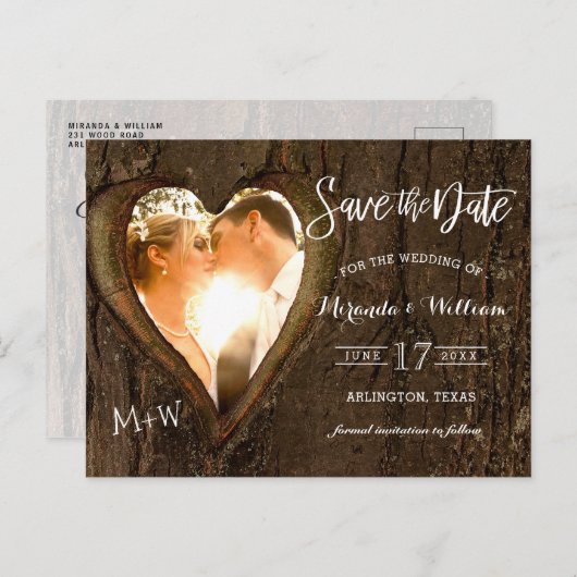 Rustic Tree Heart Photo Save the Date Wedding Post Briefkaart (Voorkant / Achterkant)