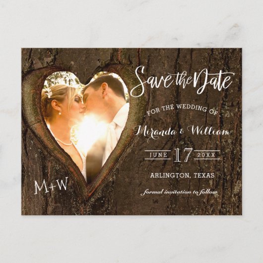 Rustic Tree Heart Photo Save the Date Wedding Post Briefkaart (Voorkant)
