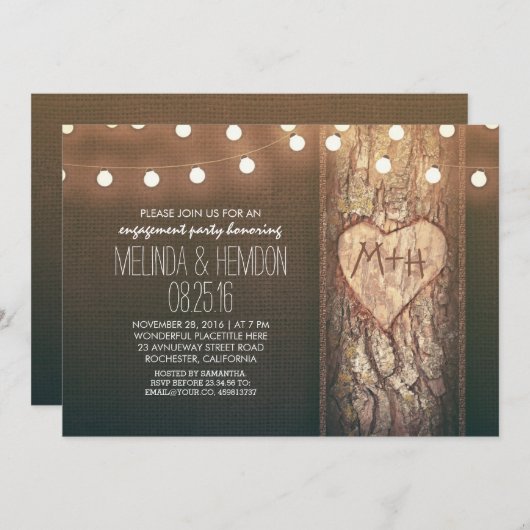 Rustic Tree Heart & String Lights Engagement Party Kaart (Voorkant / Achterkant)