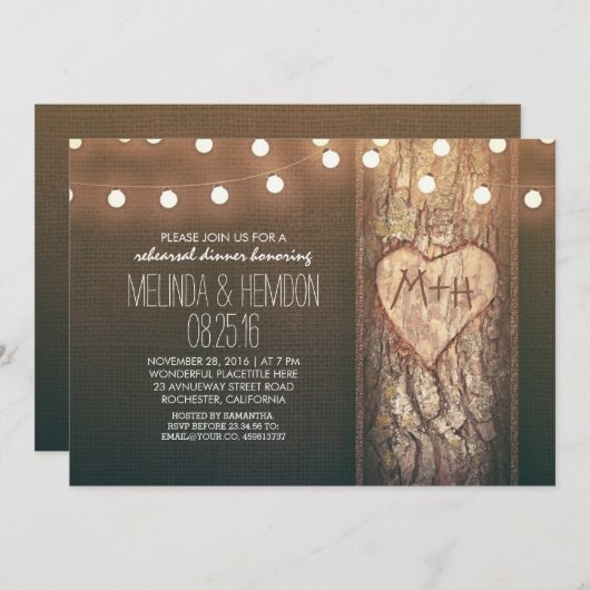 Rustic Tree Heart & String Lights repetitie diner Kaart (Voorkant / Achterkant)