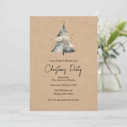 Rustic Tree Jingle and Mingle Christmas Invitation Kaart (Staand voorkant)