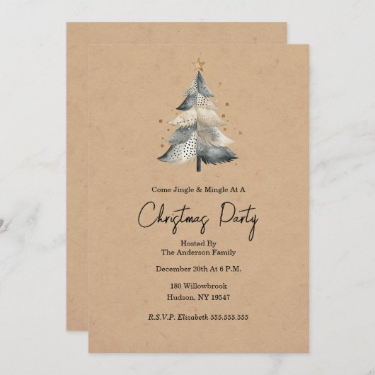Rustic Tree Jingle and Mingle Christmas Invitation Kaart (Voorkant / Achterkant)