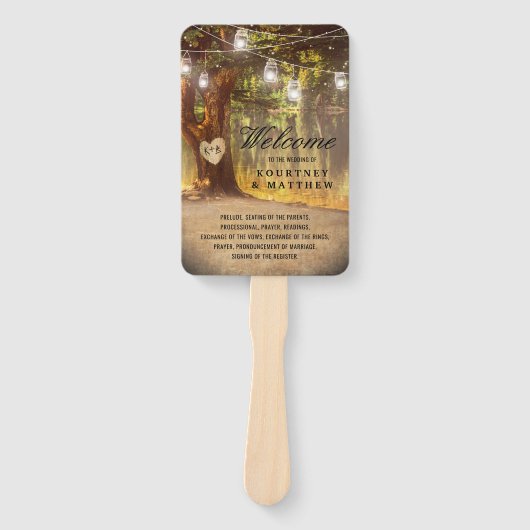 Rustic Tree Lake Twinkle Lights Wedding Programme Handwaaier (Voorkant)