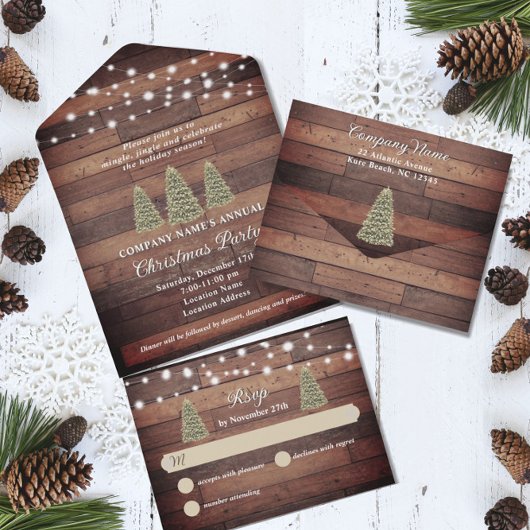 Rustic Tree Lights & Wood Company Kerstfeest All In One Uitnodiging