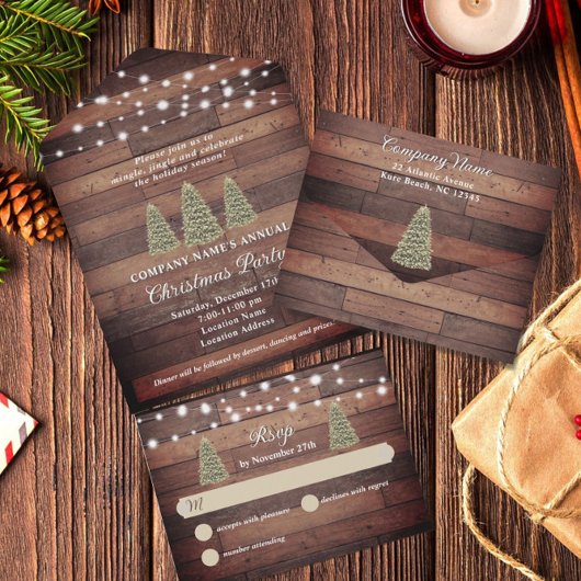 Rustic Tree Lights & Wood Company Kerstfeest All In One Uitnodiging