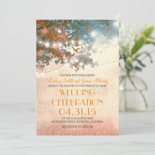 Rustic Tree & Love Birds String Lights bruiloft Kaart (Staand voorkant)