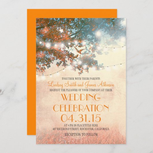 Rustic Tree & Love Birds String Lights bruiloft Kaart (Voorkant / Achterkant)