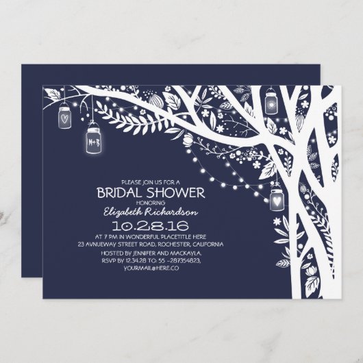Rustic Tree Mason Jar Lights Navy Vrijgezellenfees Kaart (Voorkant / Achterkant)