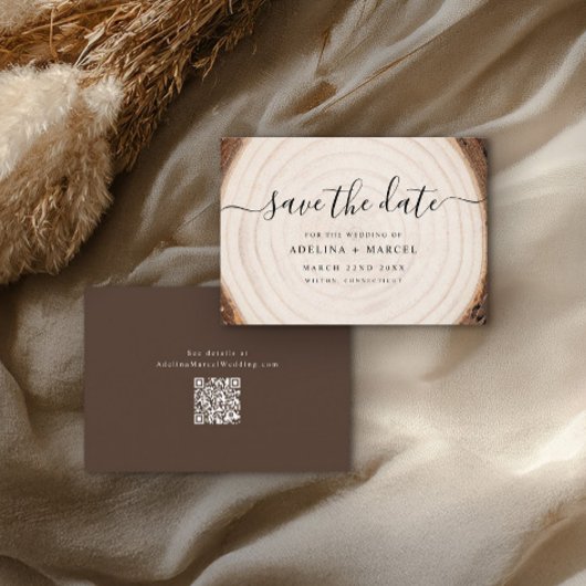 Rustic Tree Ring Wood with Wedding Website QR Code Save The Date