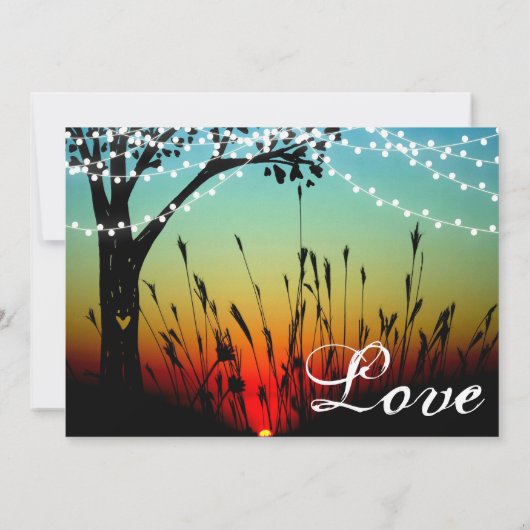 Rustic Tree String of Lights Sunset Wedding Invite Kaart (Achterkant)