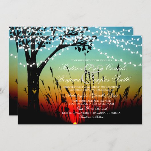 Rustic Tree String of Lights Sunset Wedding Invite Kaart (Voorkant / Achterkant)