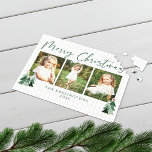 Rustic Trees Modern Kerstfeestdag 3 Foto Legpuzzel<br><div class="desc">Cute, Moderne, maar toch Robuuste kerstfeestelijke foto Puzzle met schattige kleine bossen met roestachtige kerstbomen en vrolijk kerstfeest in moderne typografie. Voeg drie van je favoriete foto's toe en een aangepaste groet voor het perfecte cadeau voor je feestelijke puzzel! Neem contact met ons op via cedarandstring@gmail.com als u hulp nodig...</div>