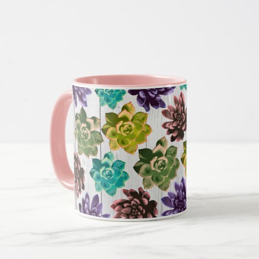 Rustic Trendy Succulents & White Wood Planks Mok (Voorkant links)