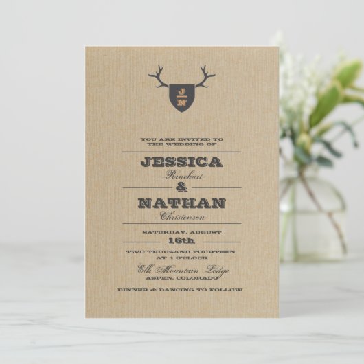 Rustic Trophy Gray Wedding Invitation Kaart (Staand voorkant)