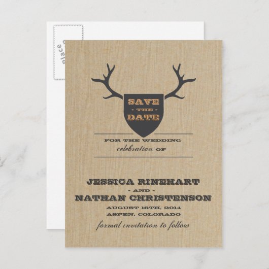 Rustic Trophy Grijs Save the Date Aankondigingskaart (Voorkant / Achterkant)