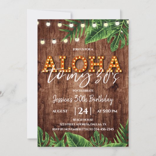 Rustic Tropical Aloha 30th Birthday Invitation Kaart (Voorkant)
