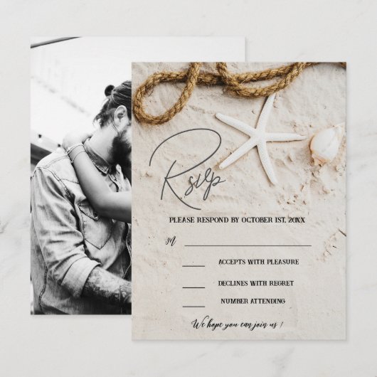 Rustic Tropical Beach Coastal Photo Wedding RSVP Kaartje (Voorkant / Achterkant)