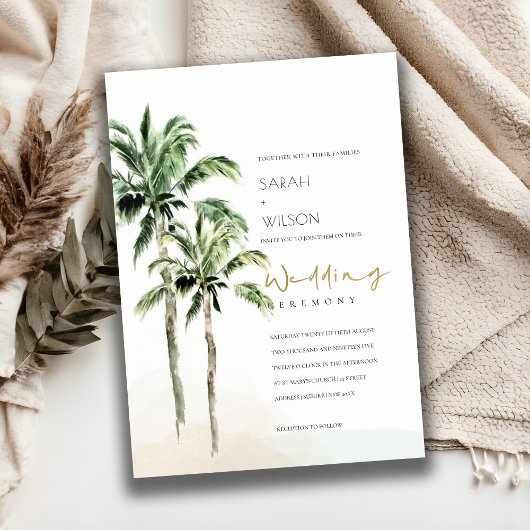Rustic Tropical Beach Palm Trees Wedding Invić Bedankkaart